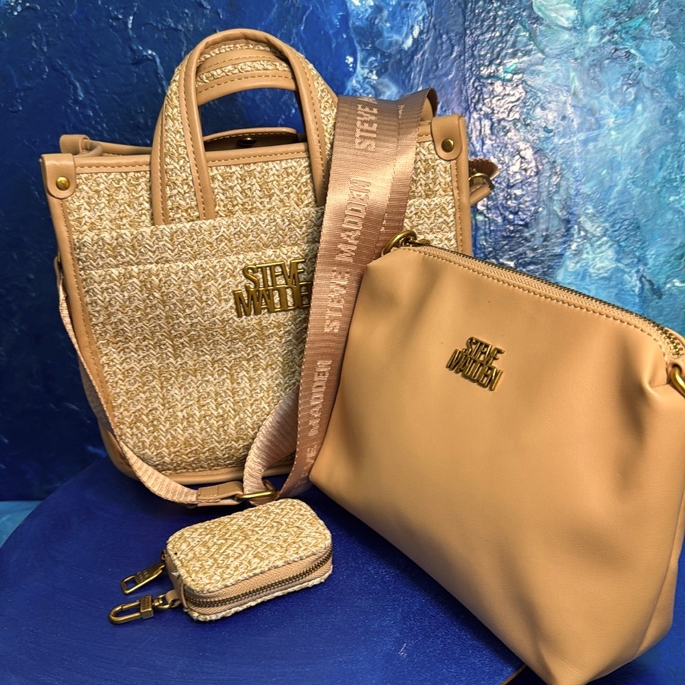 STEVE MADDEN 3 for 1 Satchel Wooven Crossbody Bag w/ AirPod case bag and Wallet